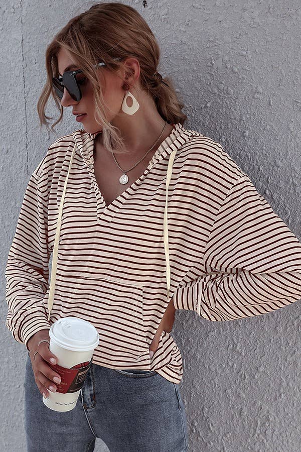 Relaxed V-Neckline Striped Hoodie