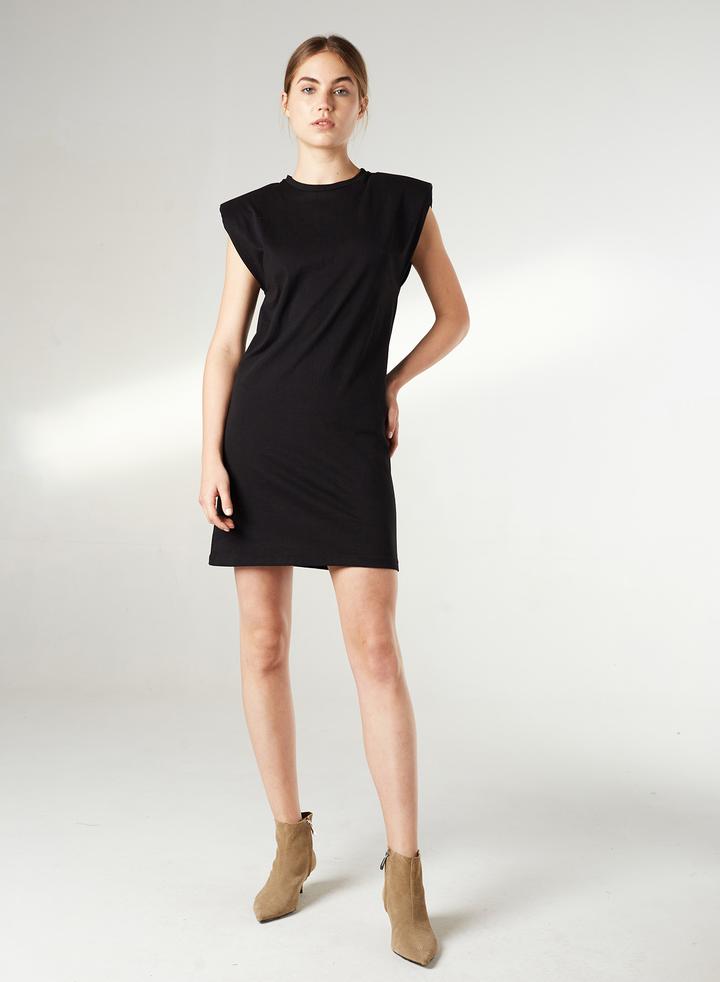 Black Sleeveless Padded Shoulder Dress