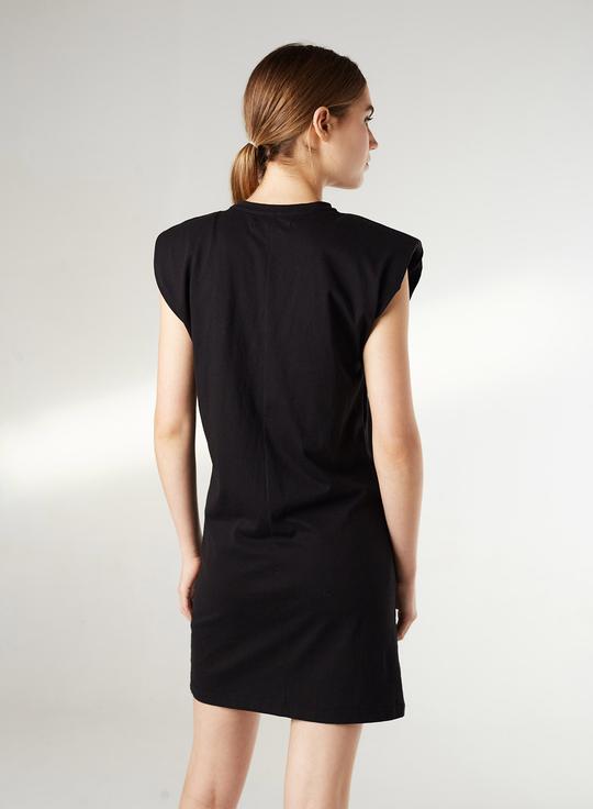 Black Sleeveless Padded Shoulder Dress at Maria Vincent Boutique Black Sleeveless Padded Shoulder Dress at Maria Vincent Boutique