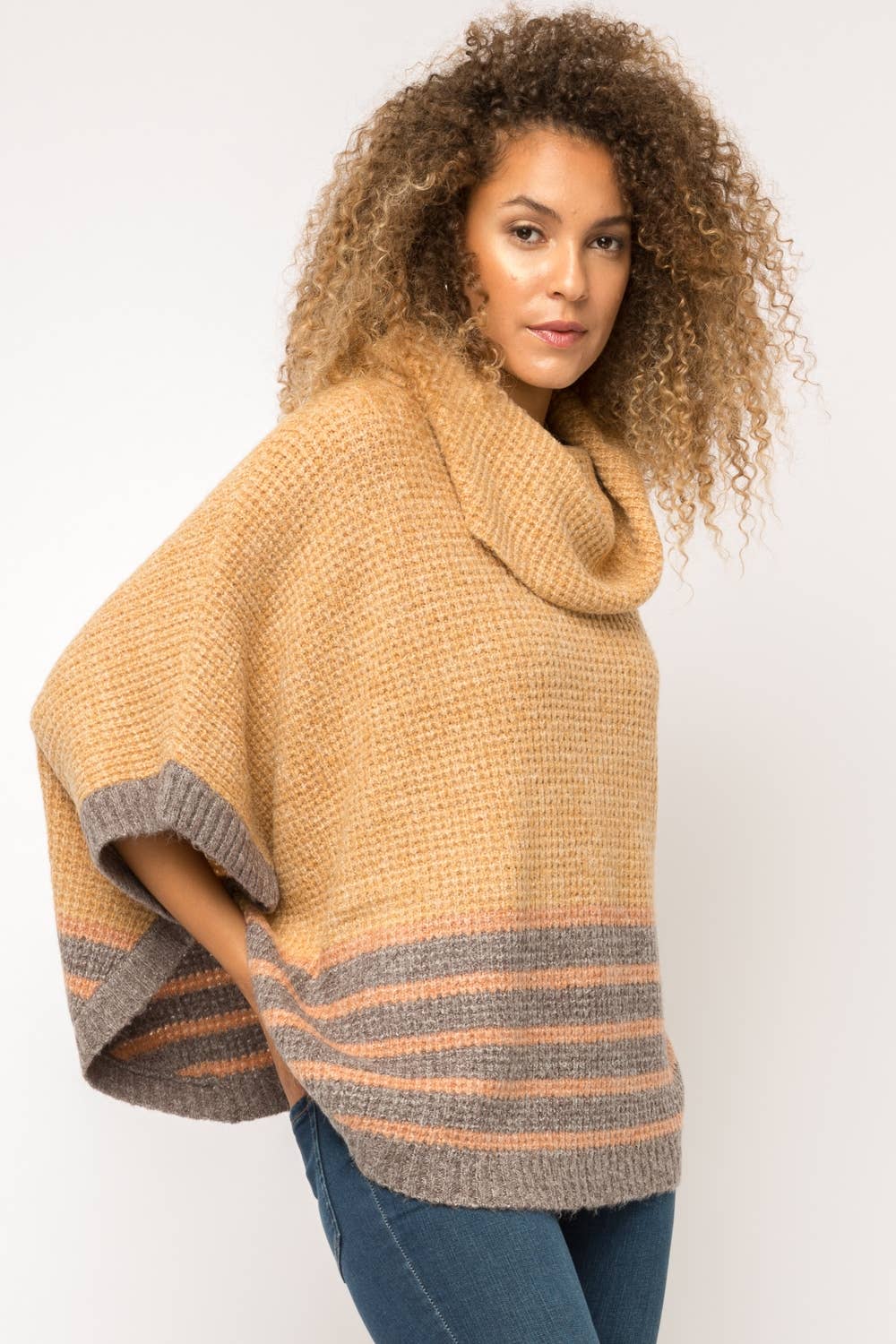 Turtle Neck Poncho in Mustard with Grey/Rust Stripes