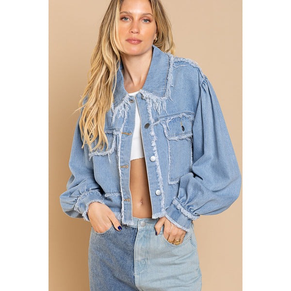 POL Cropped Frayed Edge Light Denim Jacket