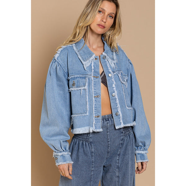 POL Cropped Frayed Edge Light Denim Jacket