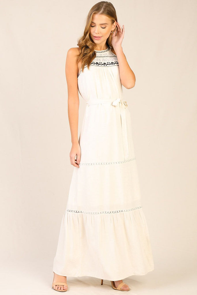 Ivory Halter Maxi Dress with Black Embroidered Detailing