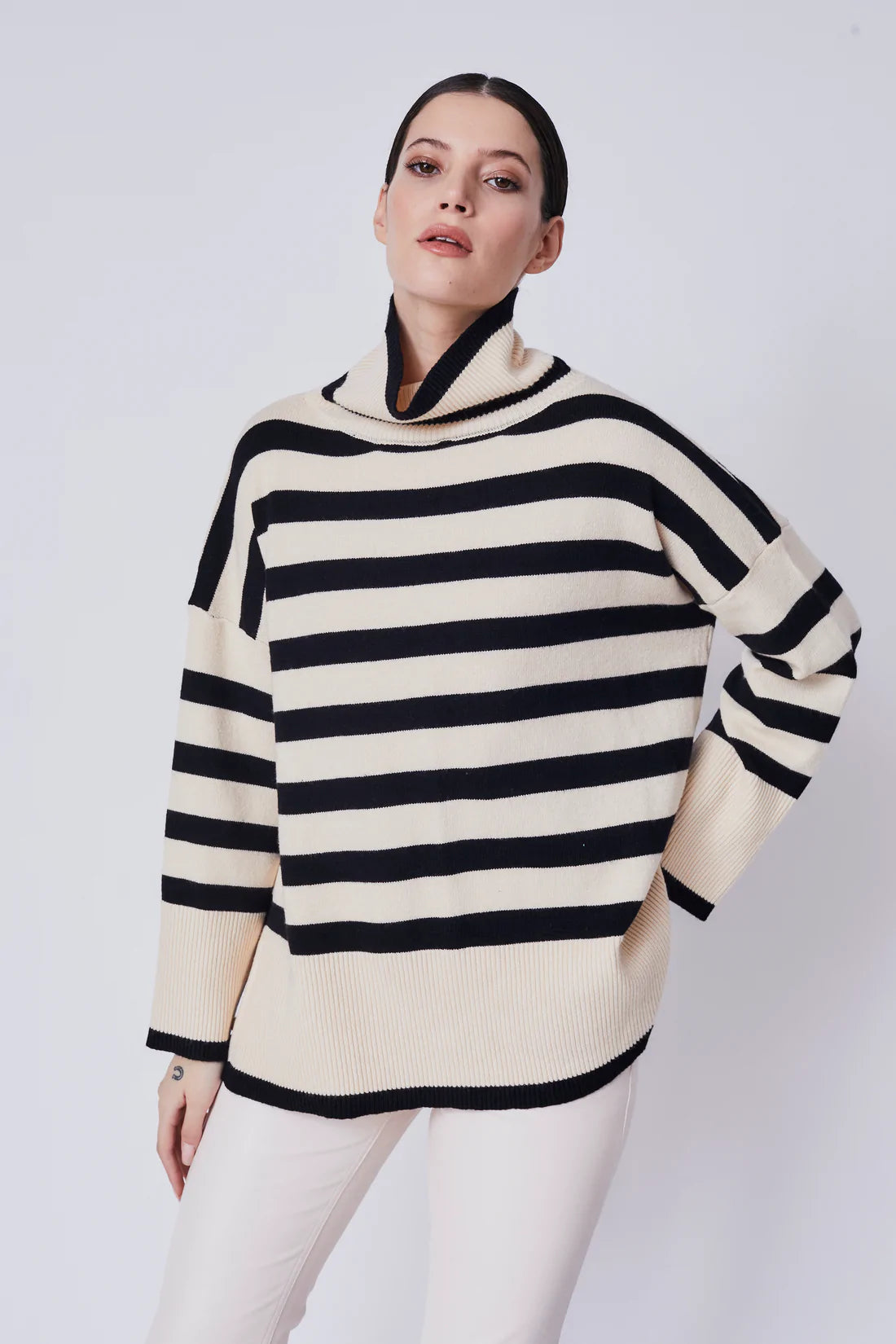 Deluc Natalini Ivory Black Stripe Turtleneck Sweater