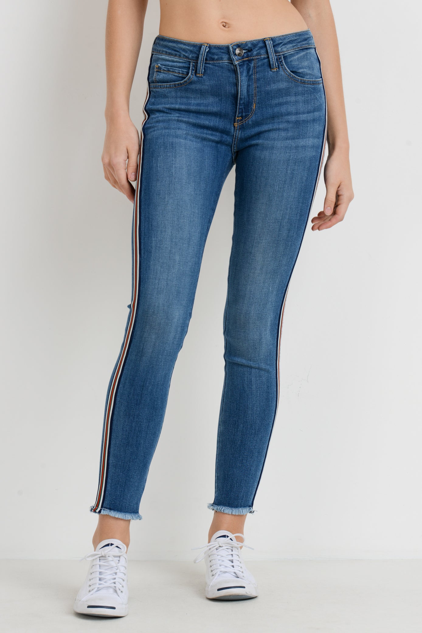 Skinny Stripe Jeans with Frayed Hem