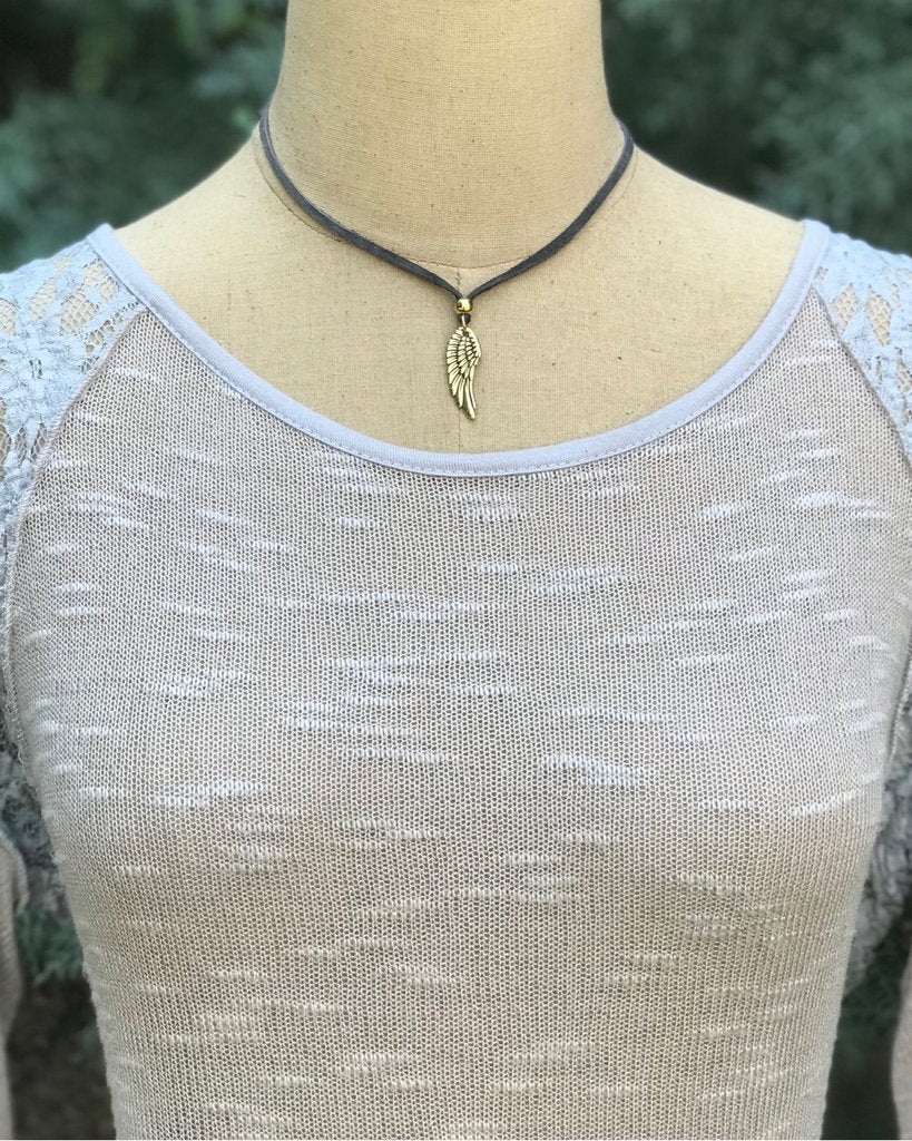 Grey Suede Necklace with Antique Gold Charm