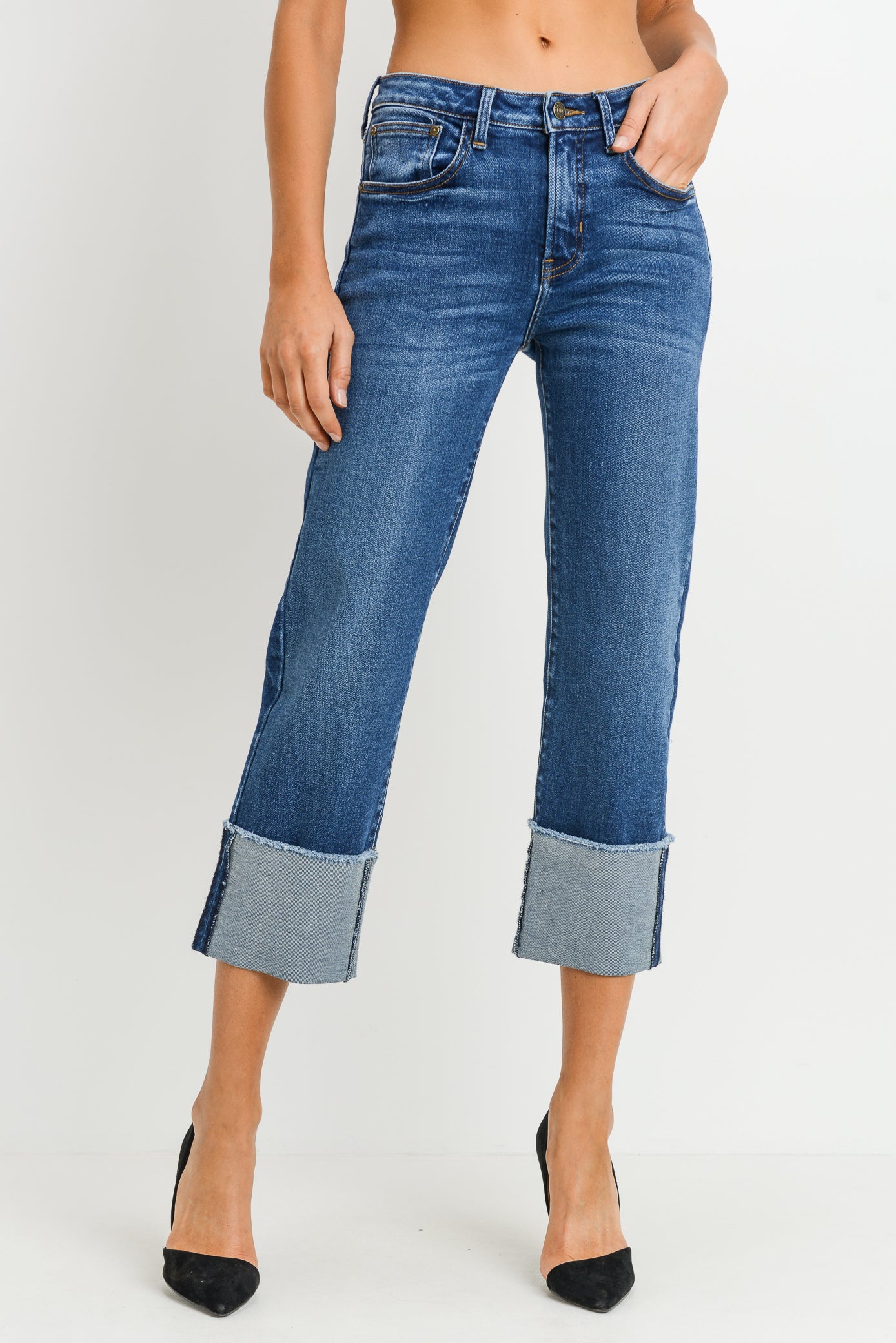 High Rise Straight Jeans with Large Cuff