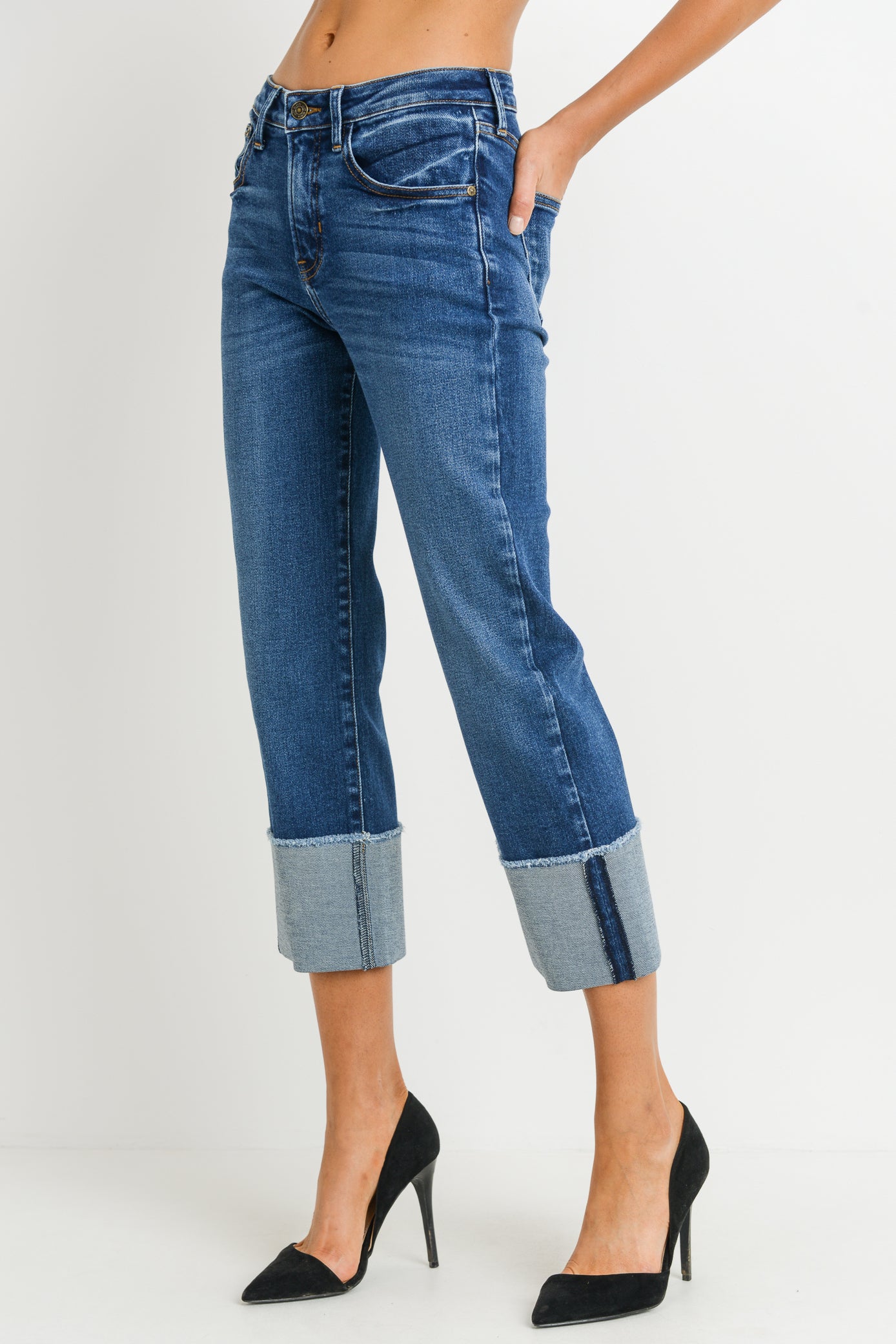 High Rise Straight Jeans with Large Cuff