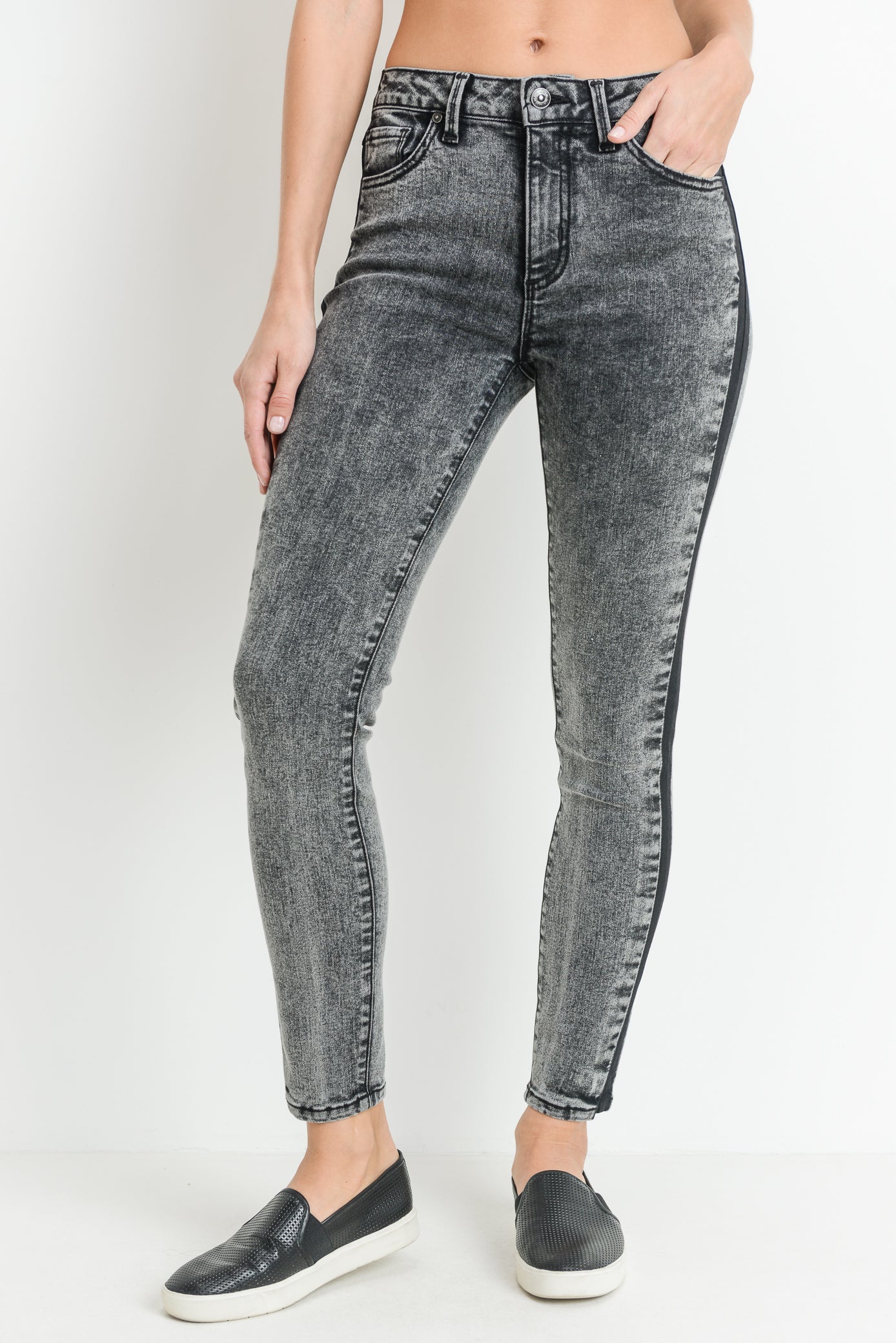 Black Skinny Acid Wash Jeans with Side Seam-MARIA VINCENT Boutique