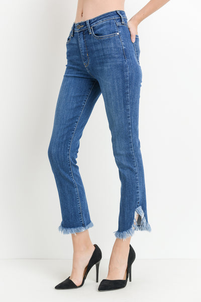 High Rise Straight Denim Jeans with Curve Fray Hem