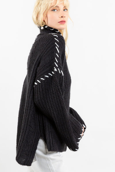 Black Turtleneck Oversized Sweater with White Stitching