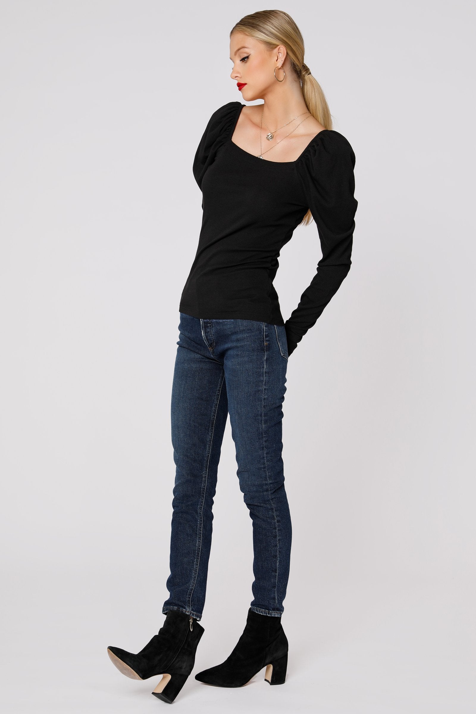 Black Square Neck Shirred Sleeve Top