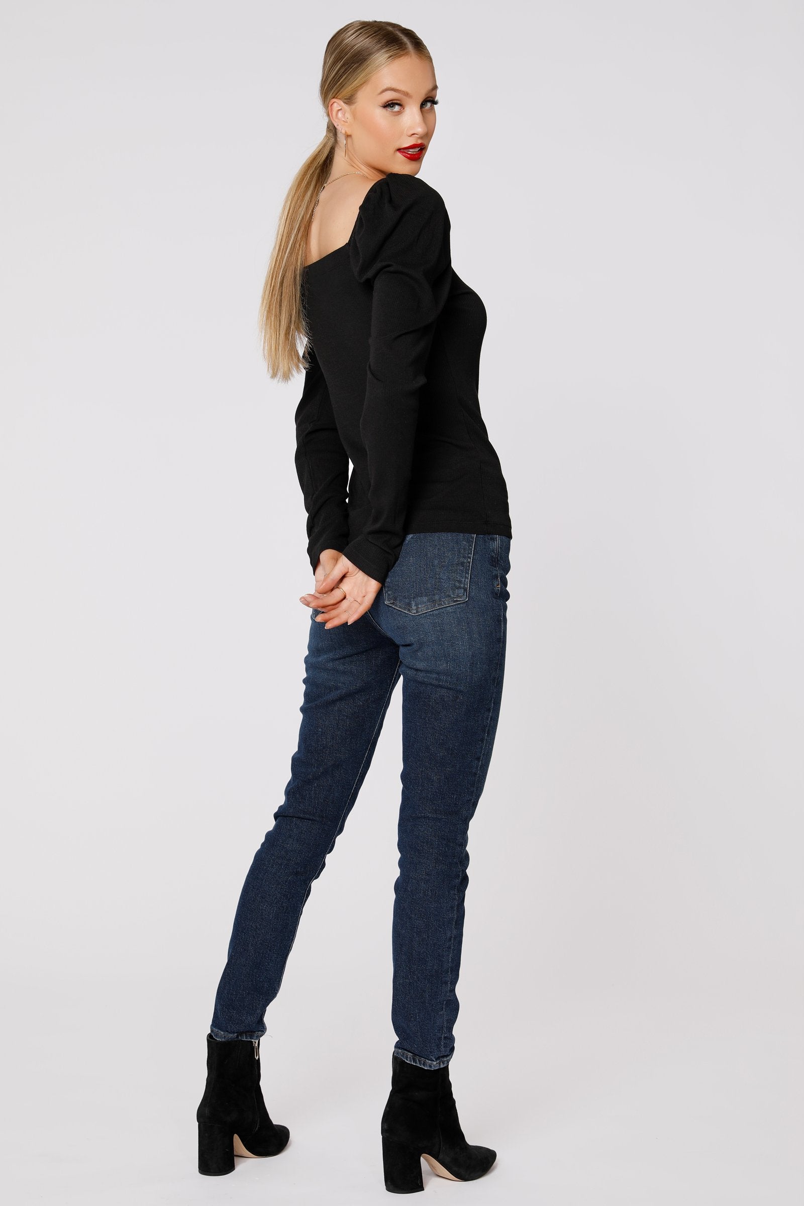 Black Square Neck Shirred Sleeve Top