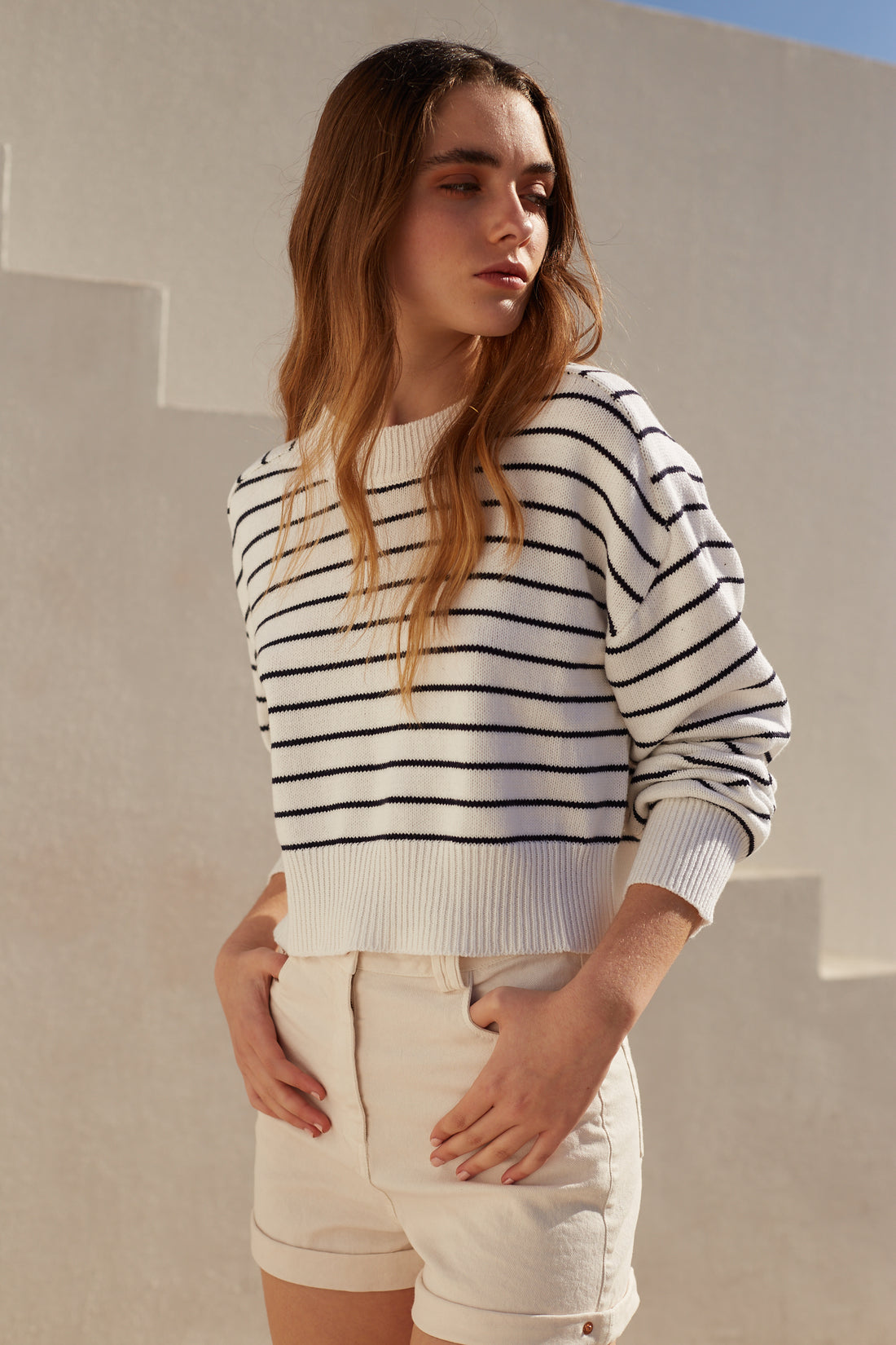 Deluc White Navy Blue Striped Cropped Sweater