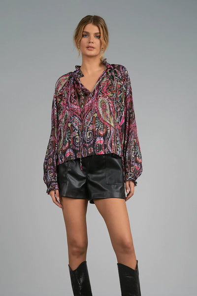 Elan Black Fuchsia Paisley Print Top