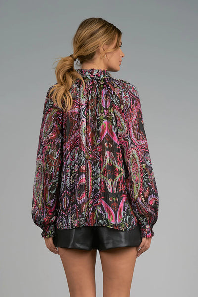 Elan Black Fuchsia Paisley Print Top