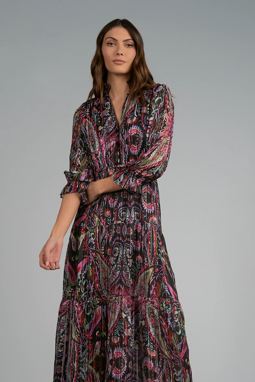 Elan Black Fuchsia Paisley Print Midi Dress at Maria Vincent Boutique Elan Black Fuchsia Paisley Print Midi Dress at Maria Vincent Boutique