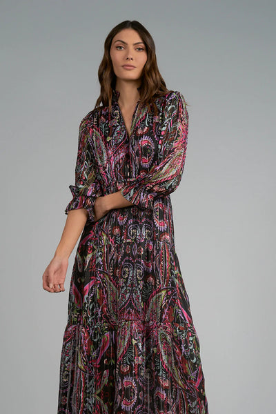 Elan Black Fuchsia Paisley Print Midi Dress