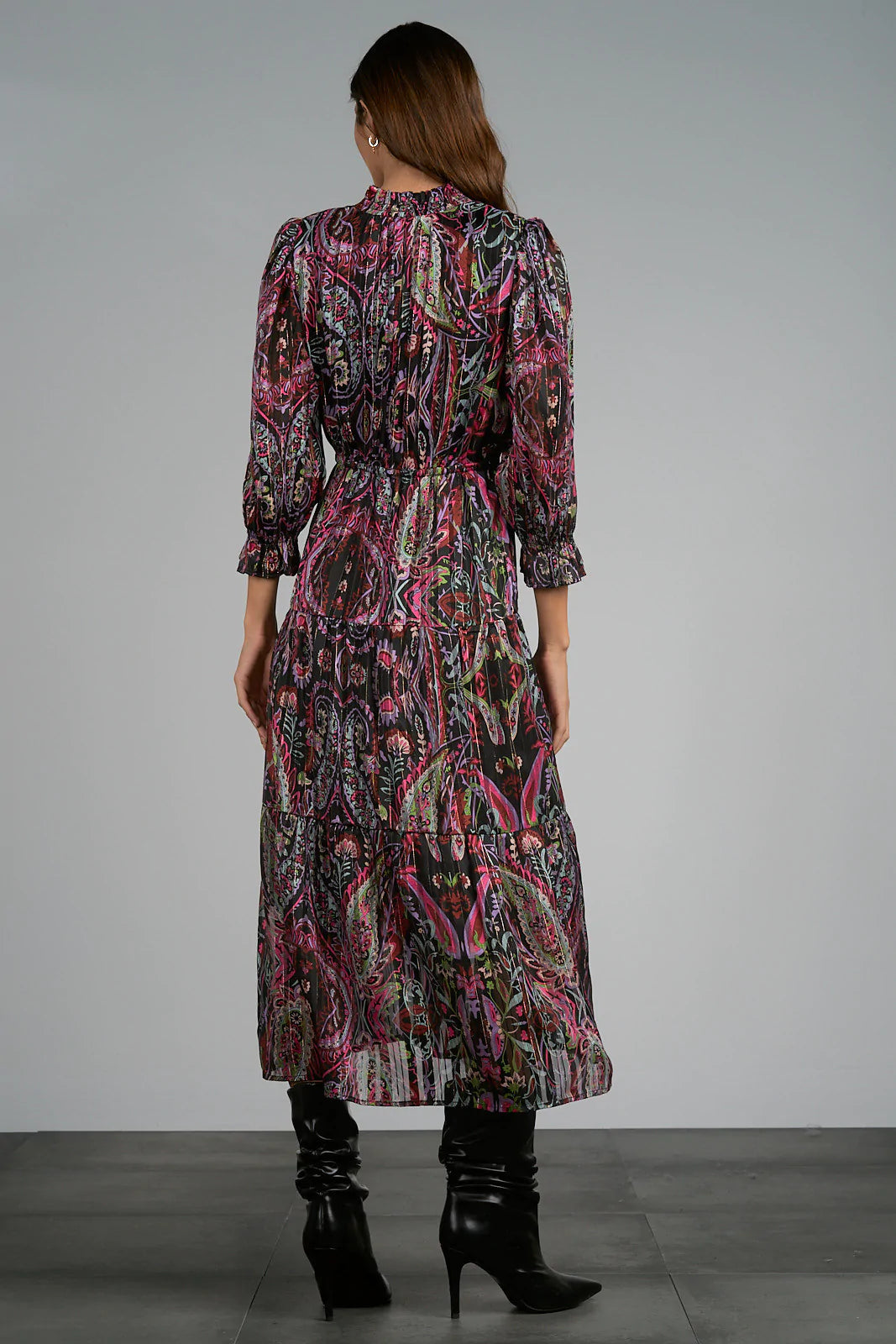 Elan Black Fuchsia Paisley Print Midi Dress