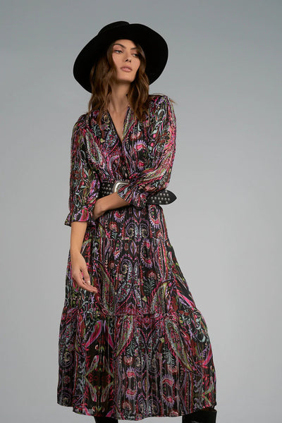 Elan Black Fuchsia Paisley Print Midi Dress