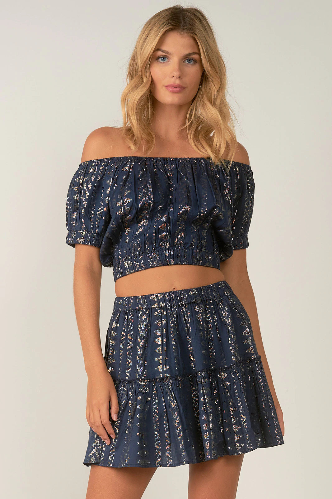 Elan Cara Navy Gold Arrow Print Crop Top