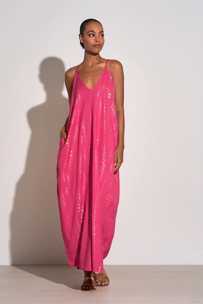 Elan Cleo  Fuchsia Pink Gold Arrow Print Maxi Dress