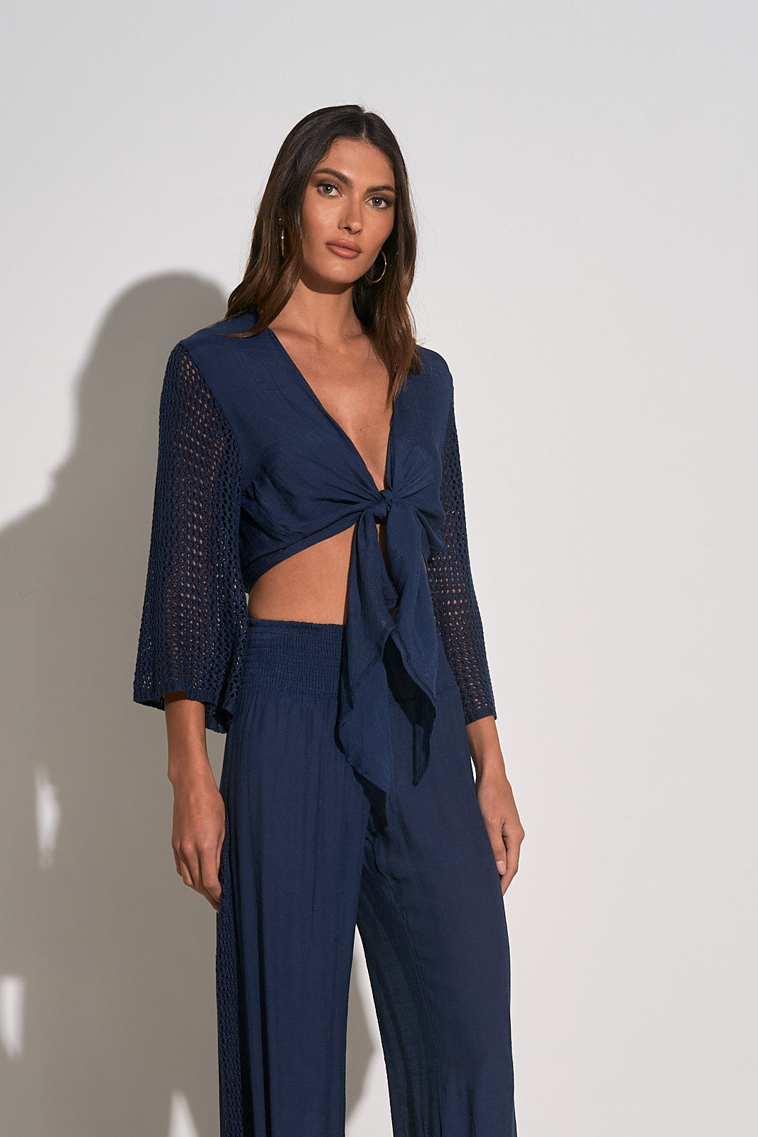 Elan Navy Tie Front Top