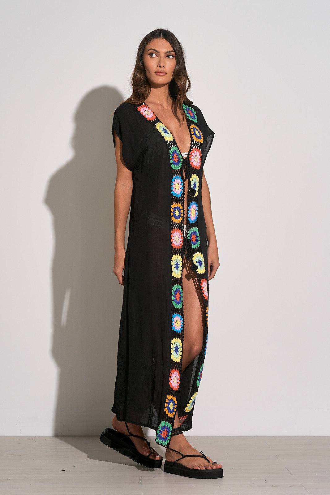 Elan Black Crocheted Long Kimono