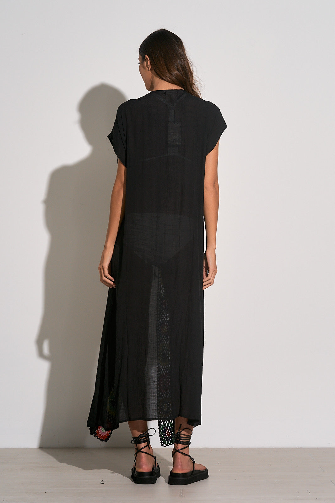 Elan Black Crocheted Long Kimono