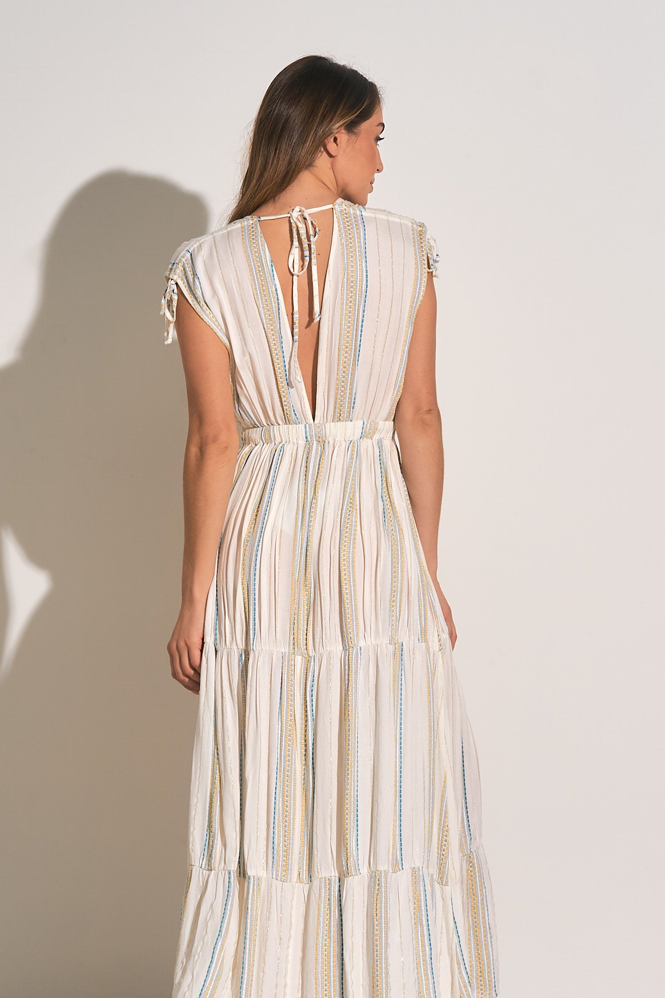 Elan White Aqua Stripe Deep V Neck Maxi Dress