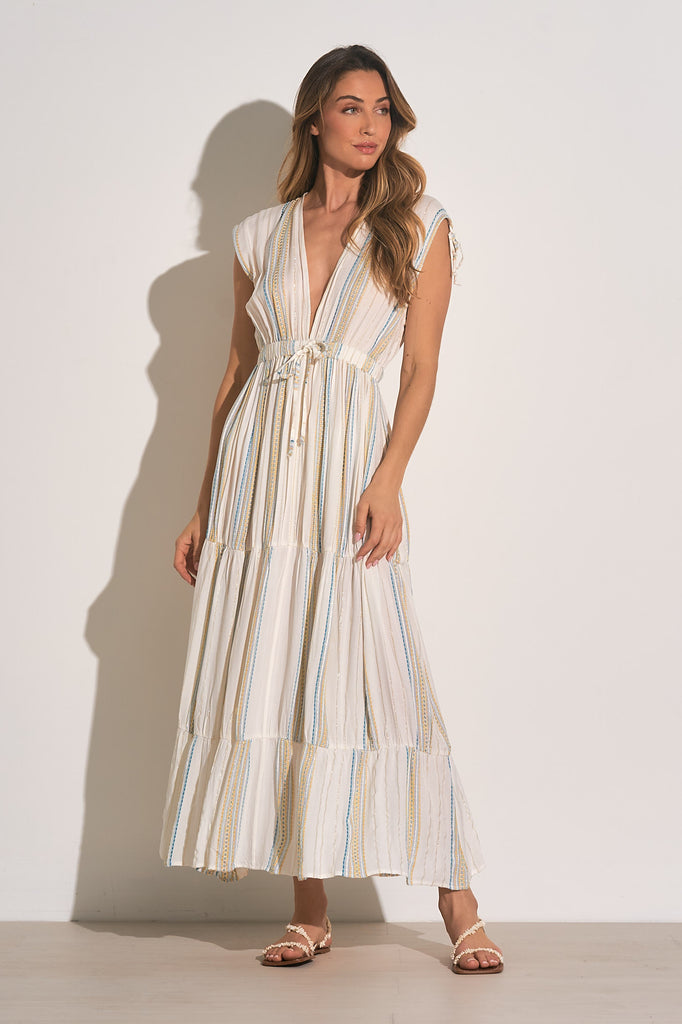 Elan White Aqua Stripe Deep V Neck Maxi Dress at Maria Vincent Boutique