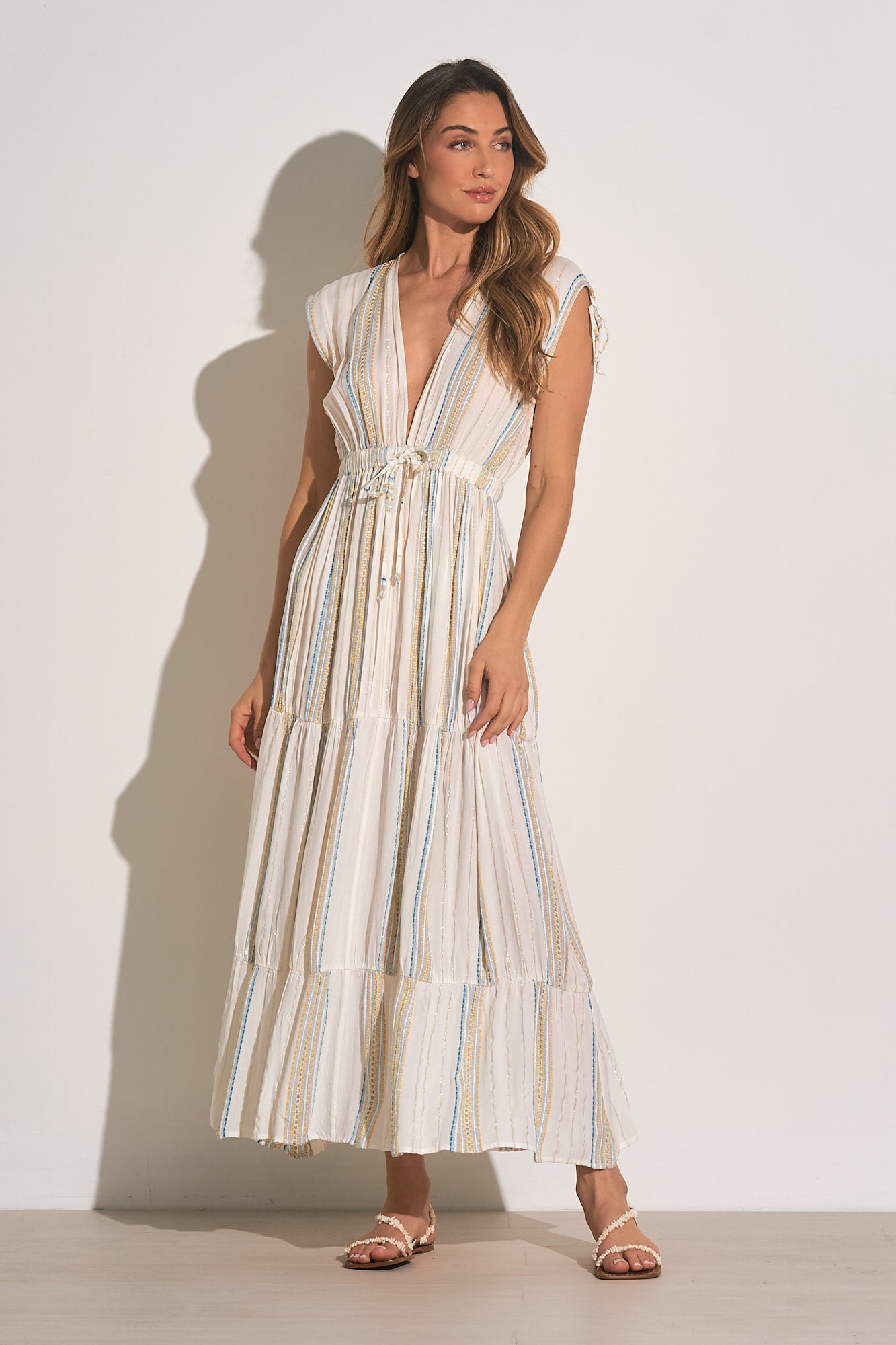 Elan White Aqua Stripe Deep V Neck Maxi Dress Elan White Aqua Stripe Deep V Neck Maxi Dress