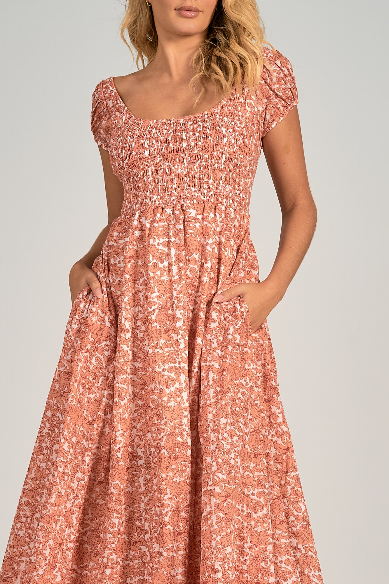 Elan Salmon Santa Fe Smocked Maxi Dress at Maria Vincent Boutique Elan Salmon Santa Fe Smocked Maxi Dress at Maria Vincent Boutique