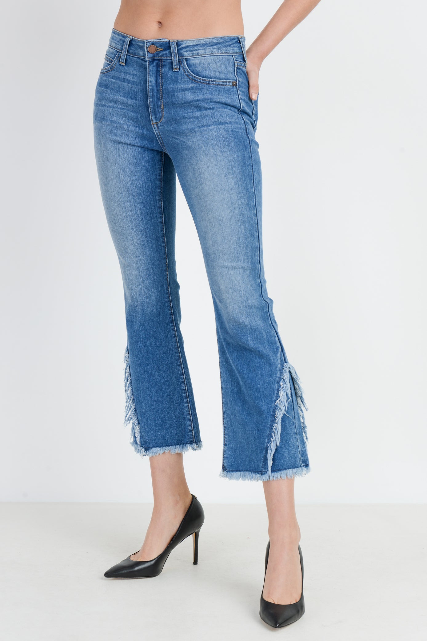 High Rise Crop Flare Jeans with Crossed Fray Hem