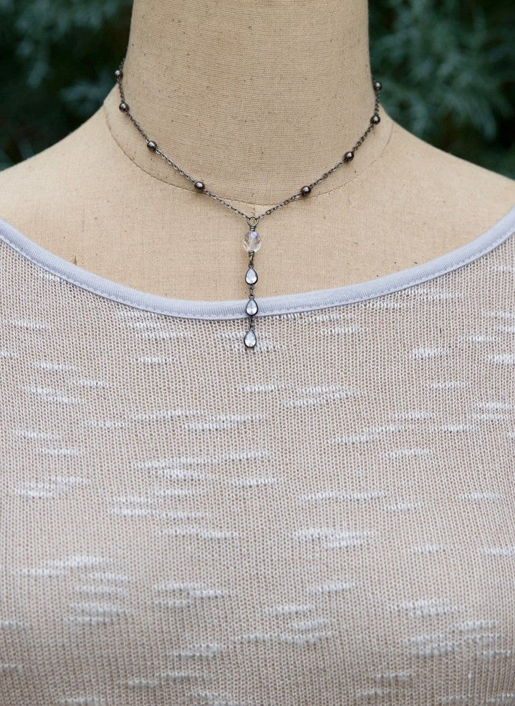 Gunmetal Crystal Drop Necklace