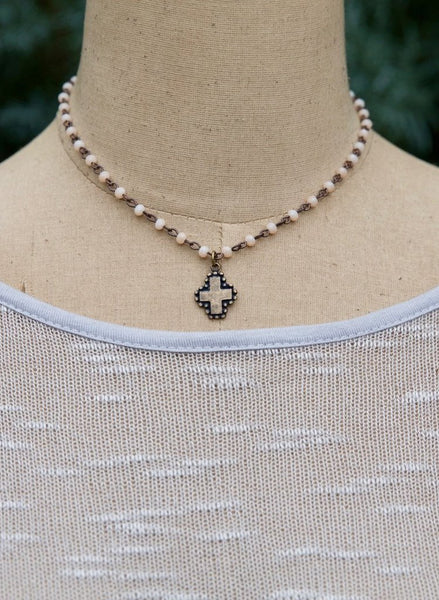 Short White Beaded Cross or Moon Charm Necklace