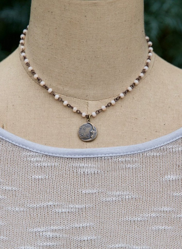 Short White Beaded Cross or Moon Charm Necklace