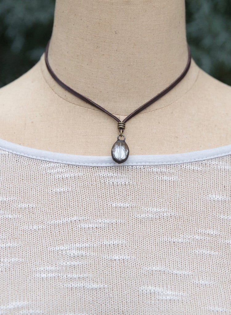 Short Leather Necklace with Soldered Crystal