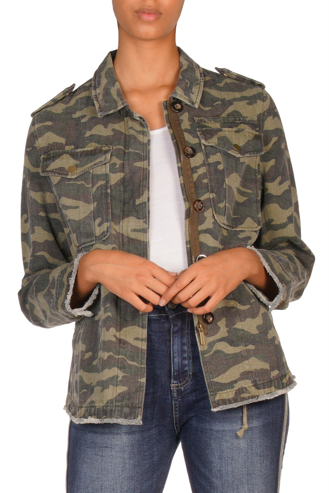 Olive Green Camouflage Distressed Jacket at Maria Vincent Boutique
