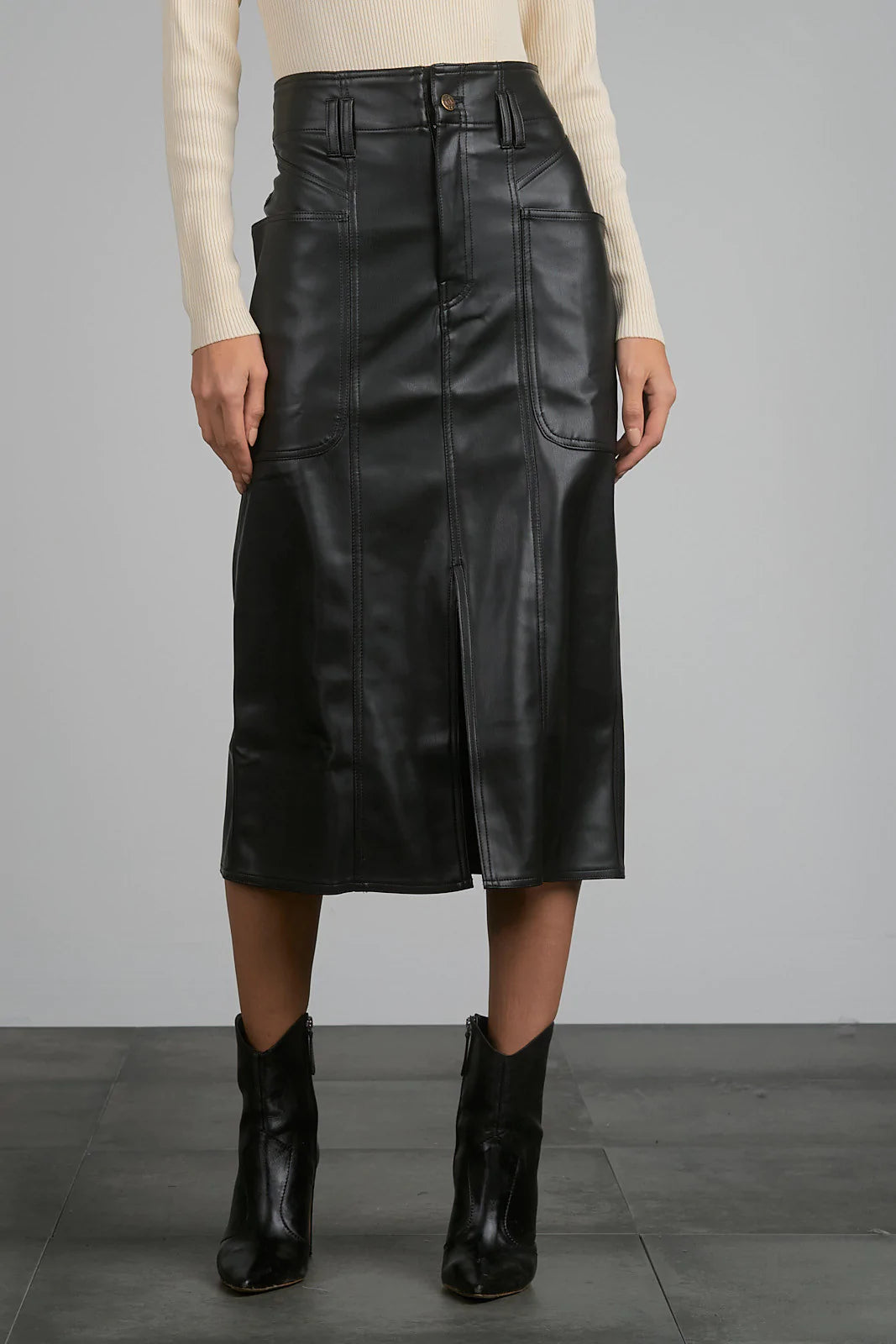 Elan Black Freda Faux Leather Midi Skirt at Maria Vincent Elan Black Freda Faux Leather Midi Skirt at Maria Vincent