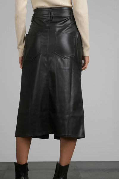 Elan Freda Black Faux Leather Midi Skirt