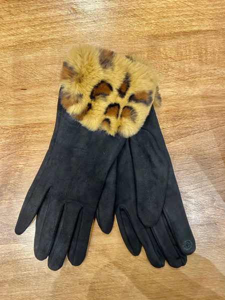 Black Gloves with Faux Leopard Fur Trim