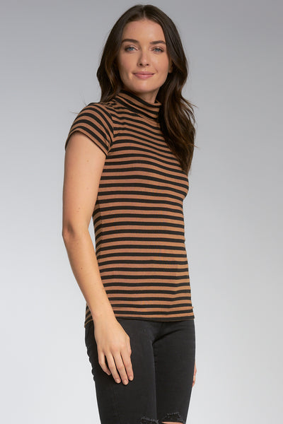 Short Sleeve Turtleneck Top in Camel and Black Stripe