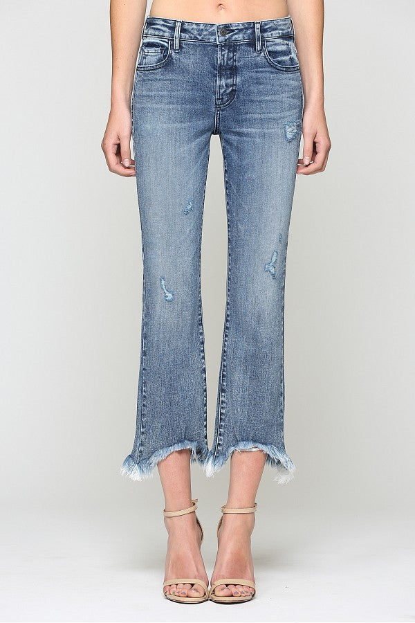 Medium Wash Mid Rise Grinded Crop Flare