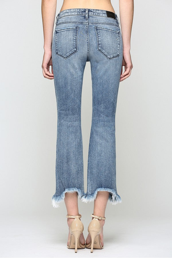 Medium Wash Mid Rise Grinded Crop Flare