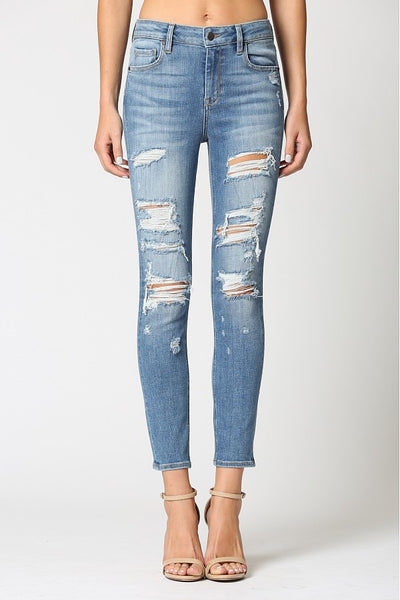 High Rise Heavy Distressed Skinny Jeans