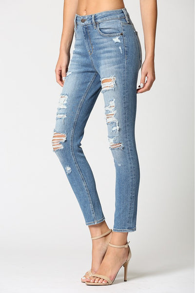 High Rise Heavy Distressed Skinny Jeans