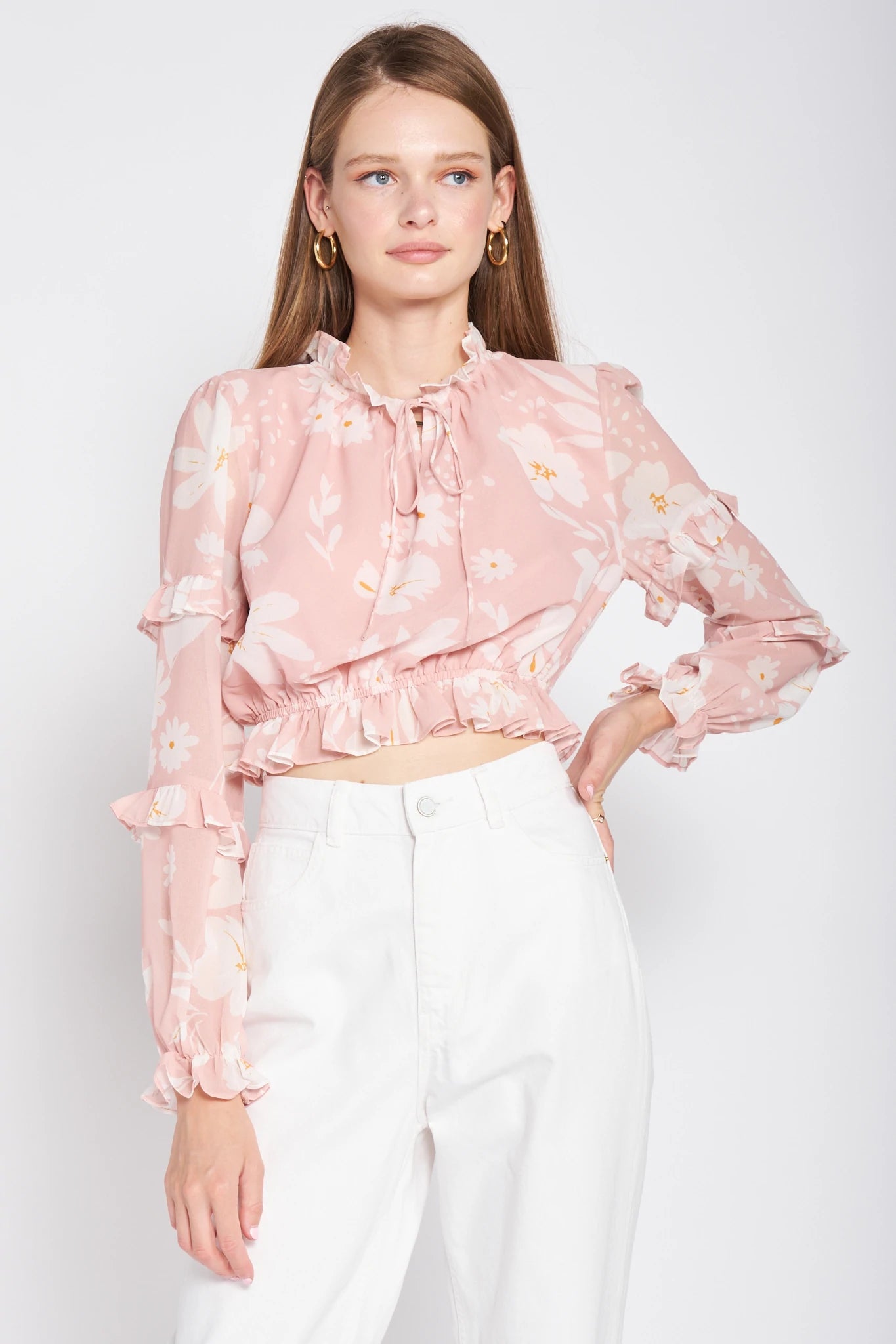 en saison Gabby Pink White Floral Crop Blouse