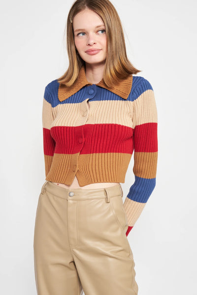 En Saison Wide Stripe Knit Cropped Cardigan