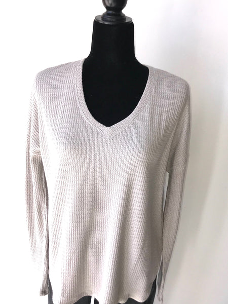 Grey Long Sleeve V-Neck Thick Waffle Knit Top
